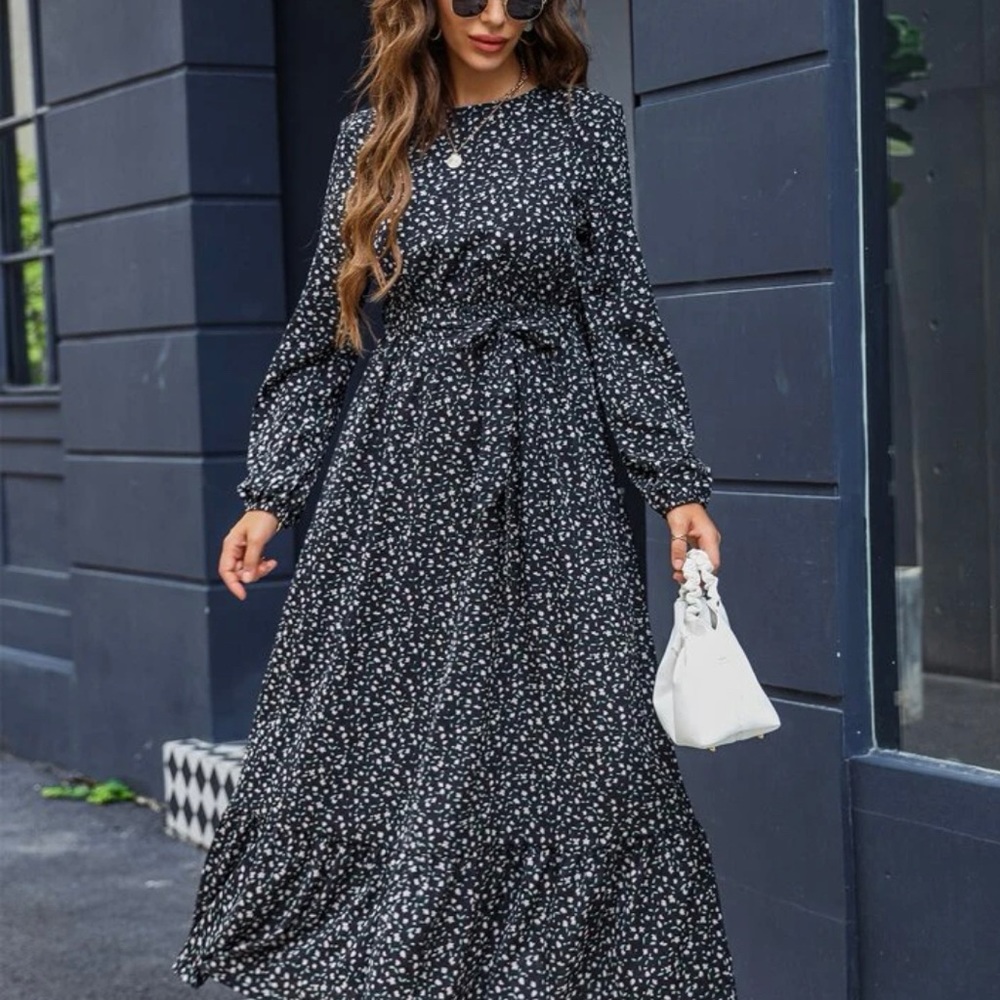 Floral keyhole back bishop sleeve ruffle hem belted dress